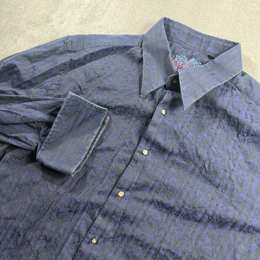 Robert Graham Mens 2XL Navy Blue Paisley Striped Beaded Button Down Shirt Long